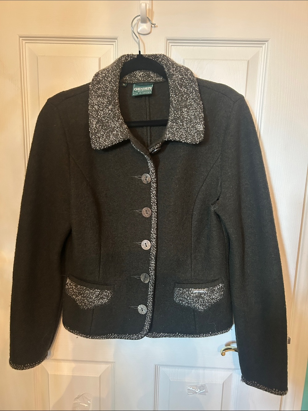Gray Wool-Blend Blazer with Contrast Knit Trim